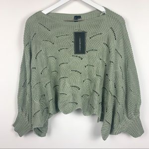 Y2K Cropped Oversized Y2K Balloon Sleeve Open Knit Sweater Sage Green‎